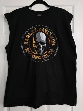 McGrath Harley-Davidson Black Sleeveless Tee with Orange and Gray Skull Graphic